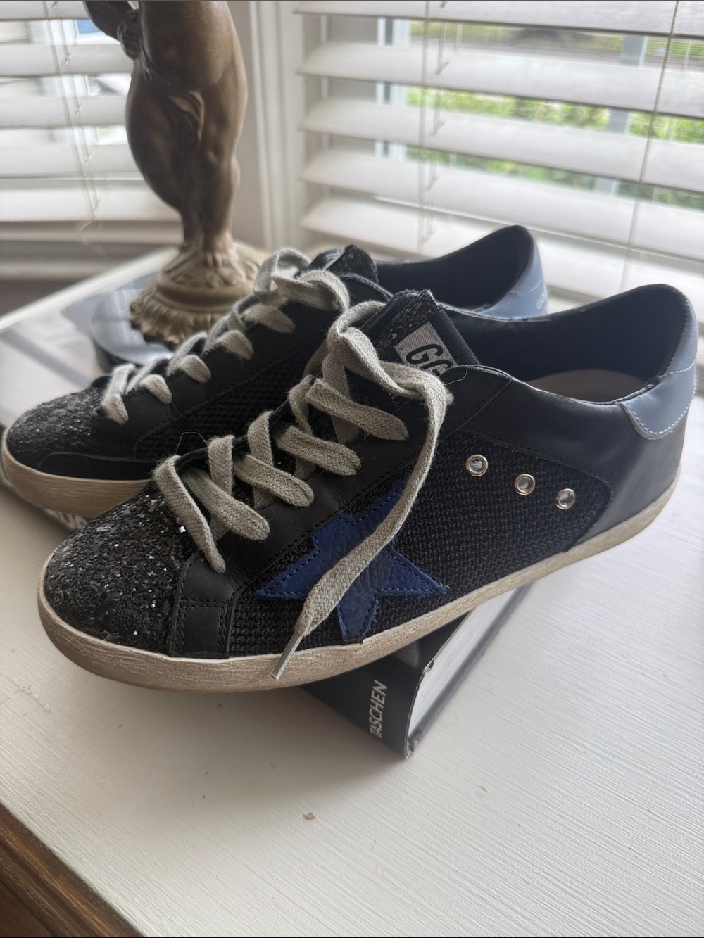 Golden Goose Black & Navy Superstar Sneakers with Glitter Toe 36